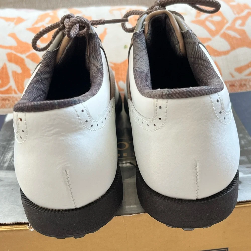 NWB FootJoy SoftJoys Terrains White and Tan Golf Shoes. Women's Size: 6.